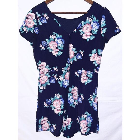 Monteau Round Neck Navy Blue & Floral Romper w/ Pockets Small - Picture 3 of 6